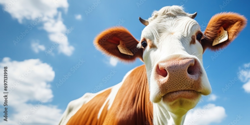 cow portrait a close up, on a pasture with blue sky at background, generative AI - obrazy, fototapety, plakaty 