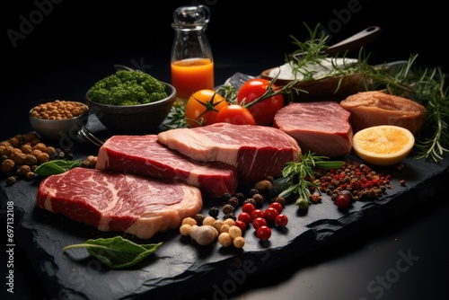 Meat dishes on dark marble table. Generative AI.