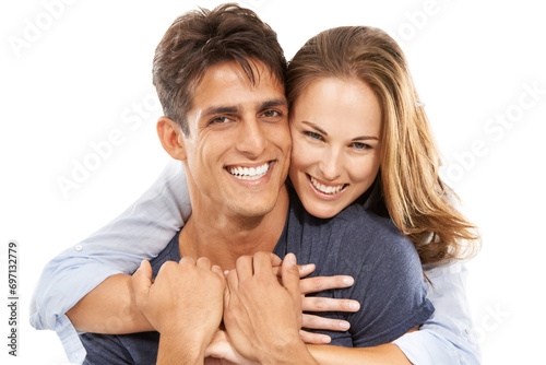 Happy couple, portrait and hug in embrace for love, care or compassion against a white studio background. Handsome man and young woman smile for romance, affection or relationship together on mockup