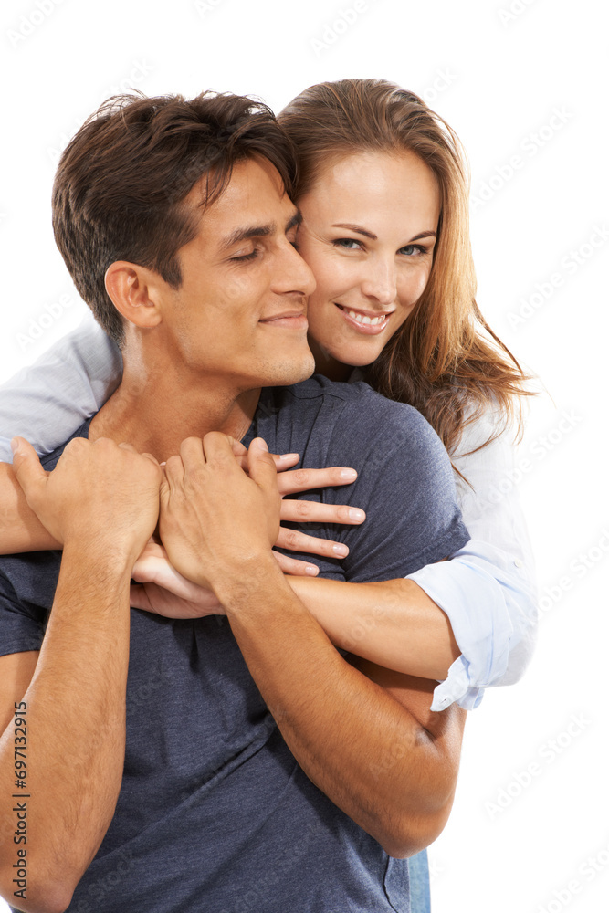 Happy couple, hug and love in care, compassion or trust for embrace against a white studio background. Handsome man and young woman smile for romance, affection or relationship together on mockup Happy couple, hug and love in care, compassion or trust for embrace against a white studio background. Handsome man and young woman smile for romance, affection or relationship together on mockup