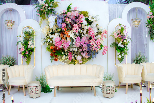 flower arrangements as a backdrop for wedding celebrations in Indonesia.