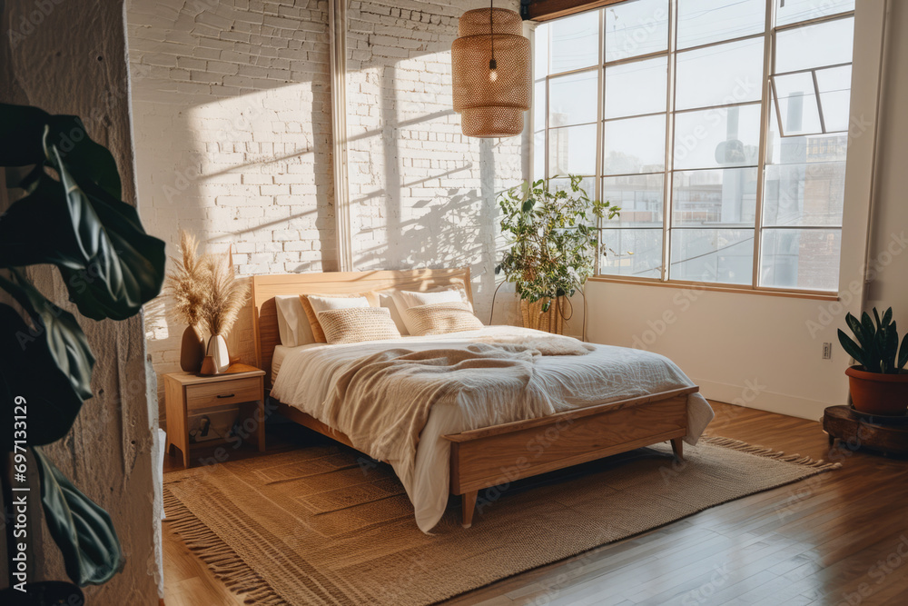 Fototapeta premium Bohemian bedroom filled with natural light
