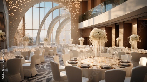 Modern banquet space for a large five star hotel. Generative AI. photo
