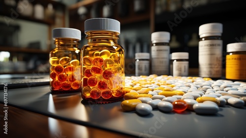 A jar of pills stands on the table, various vital medications for life