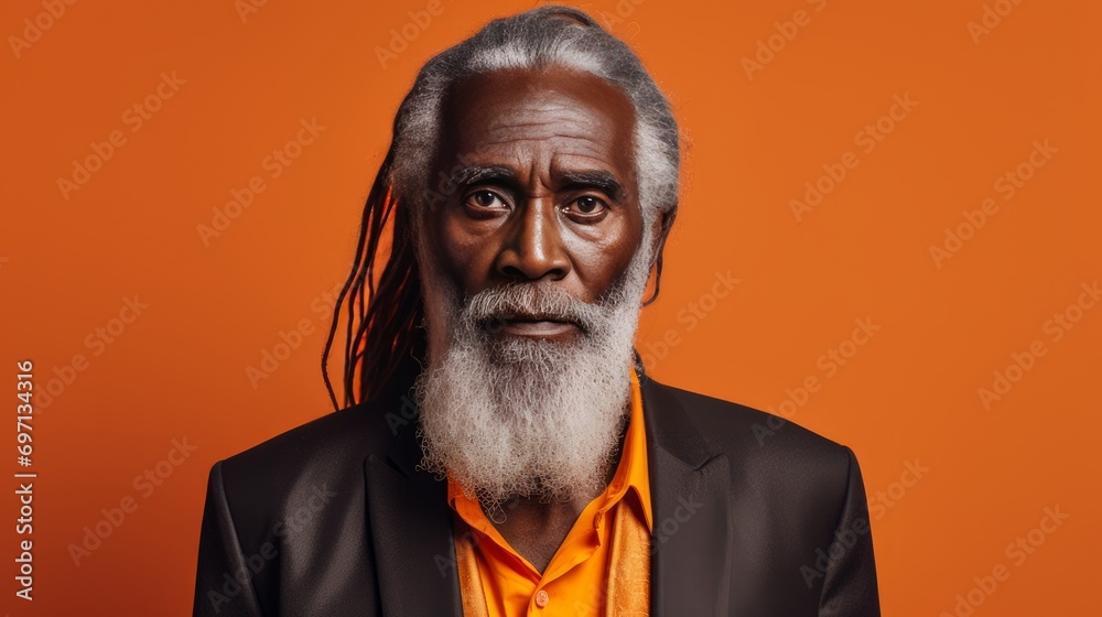 Handsome elderly black African American man with long dreadlocked hair, on an orange background, banner. Handsome elderly black African American man with long dreadlocked hair, on an orange background, banner.