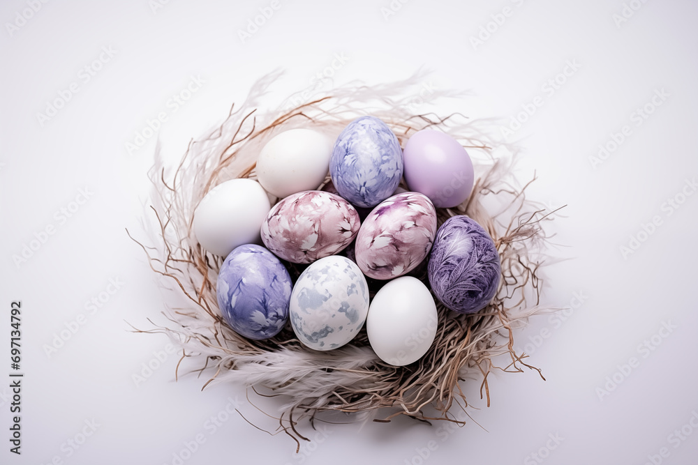 Colorized Easter eggs in a bird's nest on a white background. Colorized Easter eggs in a bird's nest on a white background.