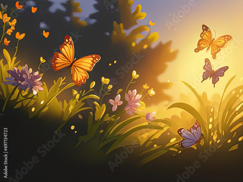 butterflies flying around a field of flowers at sunset