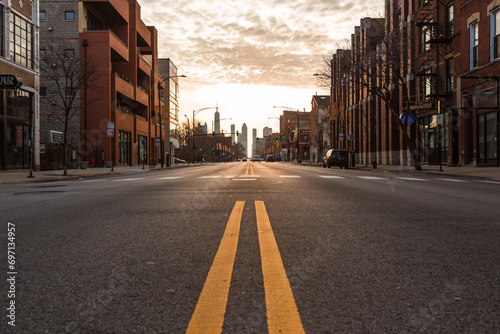 Chicago City, Illinois: April 6, 2020. Morning during the lockdown of the city during the stay at home mandate. Chicago City empty streets under the coronavirus. City under lockdown. photo