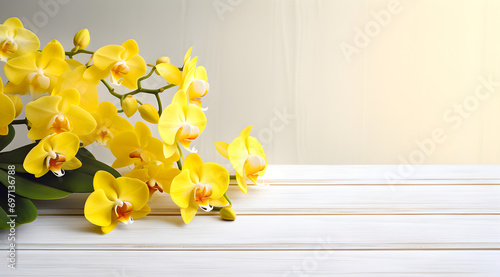 orchid on wooden background, white and yellow orchids in ceremic vase on background photo