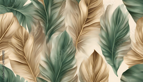 Vintage tropical green brown leaves  beige background