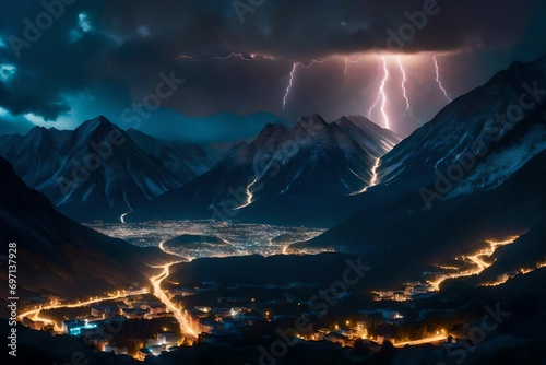 thunder storming and lightning in the dark and large mountain full mountain covered with deep and dark clouds covered by the dark black clouds with small city in the mountain with blue lightning 