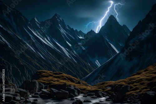 thunder storming and lightning in the dark and large mountain full mountain covered with deep and dark clouds covered by the dark black clouds with small city in the mountain with blue lightning 