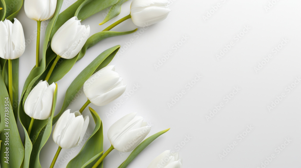 Bouquet of white tulips on a white background with copy space