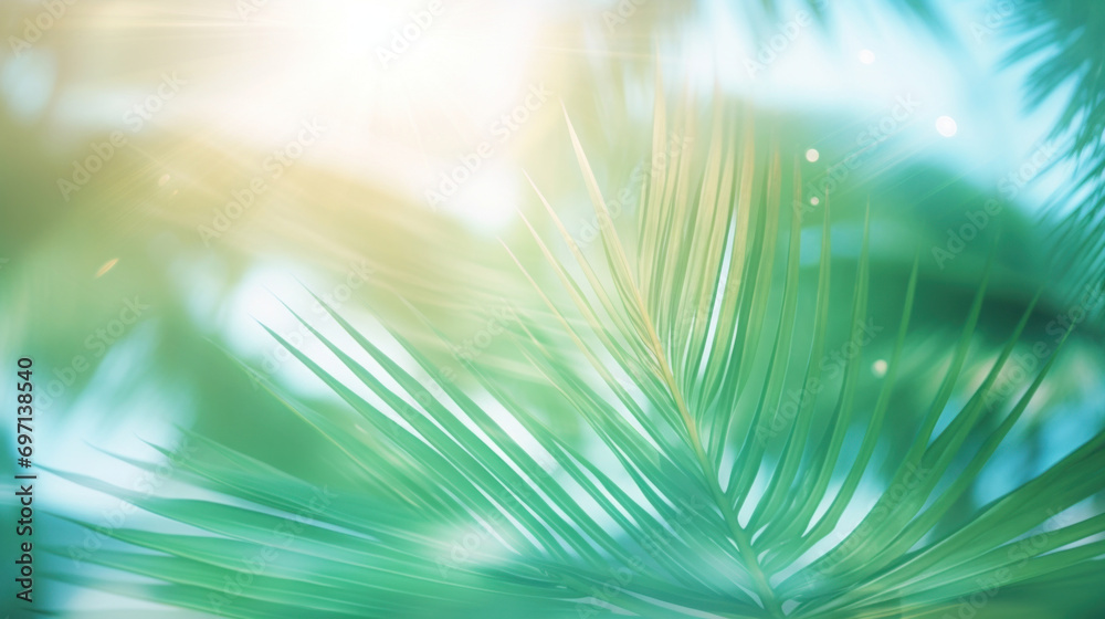 Obraz premium Green palm leaf on blurred background with bokeh. Summer concept.