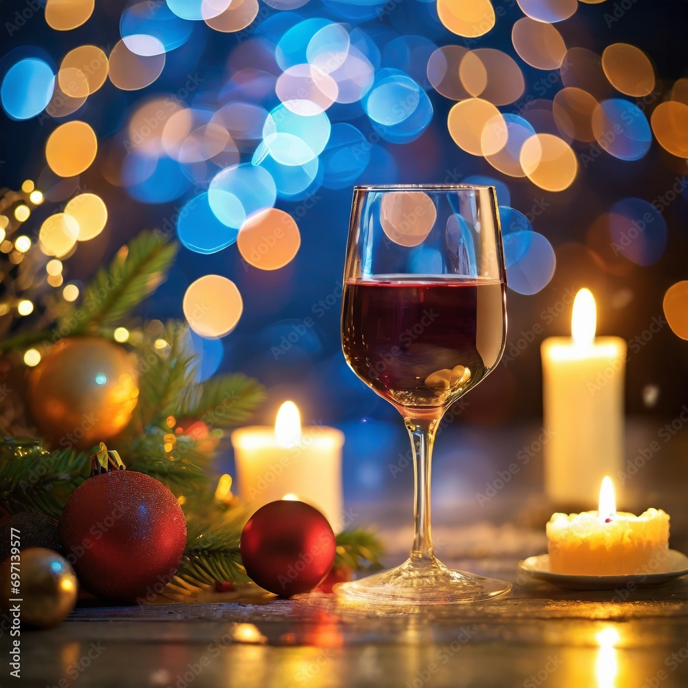 Christmas still life with a glass of wine and candles; new year's decoration Christmas still life with a glass of wine and candles; new year's decoration