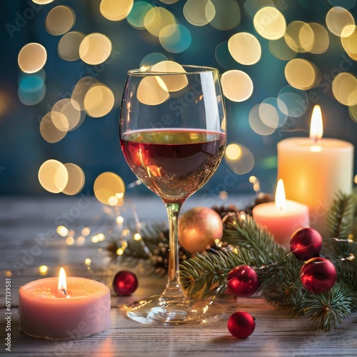 Christmas still life with a glass of wine and candles; new year's decoration