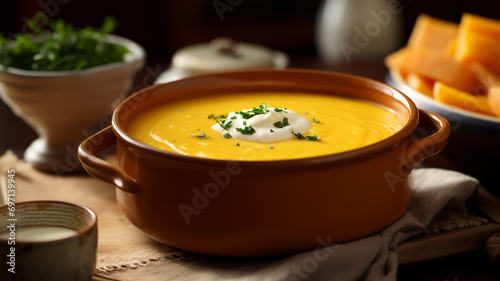 top view of a hot bowl of creamy butternut squash soup