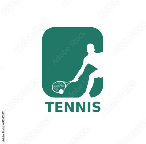 Tennis ball with a player and tennis racket, logo template. Active sport and tennis tournament, championship