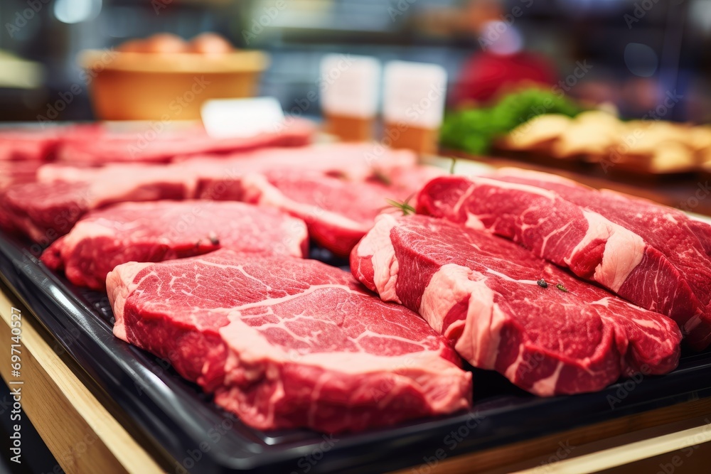 Raw fresh meat for steak perfectly arranged in a shop