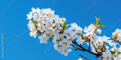 Branch with white blooming apple flowers on the background of the clear blue sky.