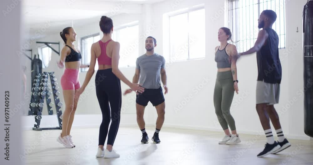 Jumping jack, cardio or people in gym for fitness workout, exercise or healthy wellness in aerobics class. Diversity, teamwork and sports athletes in club for training legs with endurance or energy Jumping jack, cardio or people in gym for fitness workout, exercise or healthy wellness in aerobics class. Diversity, teamwork and sports athletes in club for training legs with endurance or energy