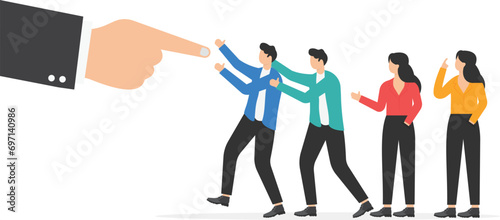 Domino Effect. Manager pushes the employee standing in line. Concept business chain reaction vector illustration.

