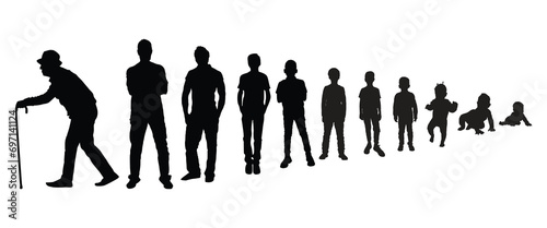 Life cycles of man from a little baby to senior man silhouette. Vector illustration of generation of man.