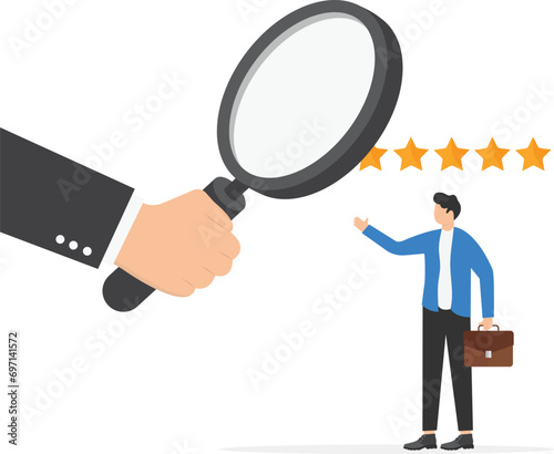 Employee performance evaluation, appraisal or annual review for goals achievement, assessment for rating or feedback concept, businessman manager use magnifier to analyze employee with 5 stars rating.