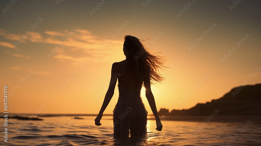 Silhouette of Freedom: Woman by the Sunset Sea
