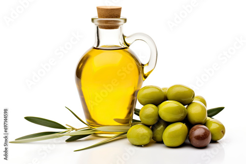 Branch with olives and a bottle of olive oil isolated on white 
