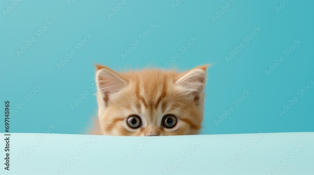Cute kitten peeking out from behind a blue background. Copy space.