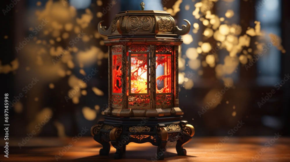 Lantern with burning candle on a dark background. Selective focus.