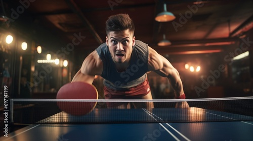 A table tennis player executing a lightning-fast rally, paddle and ball in a blur of motion