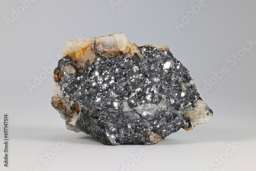 Galena, also called lead glance, is the natural mineral form of lead sulfide (PbS). It is the most important ore of lead and an important source of silver. photo