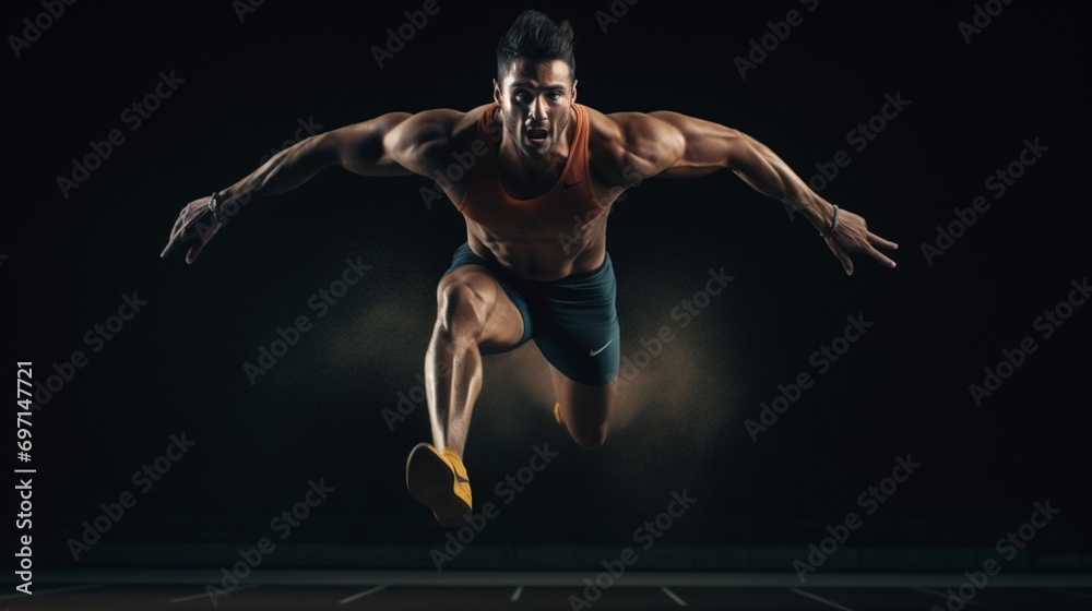 A track and field athlete launching into the long jump, suspended in mid-air with perfect form