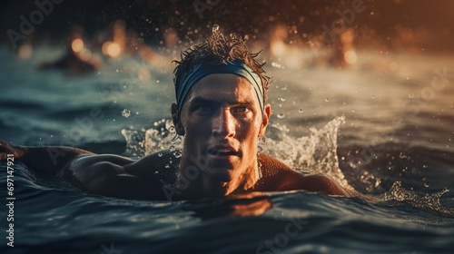 A triathlete emerging from the water after a swim, transitioning to the next stage of the race photo