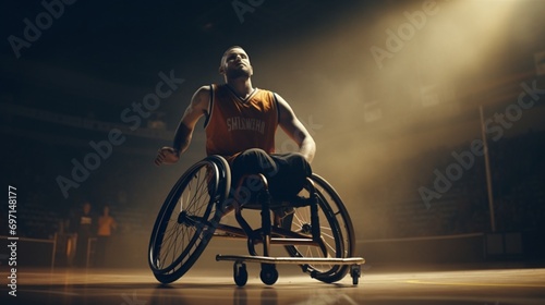 A wheelchair basketball player executing a skillful move during a competitive game