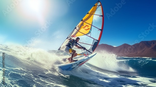 A windsurfer catching a wave with expertise, sail billowing against a clear blue sky