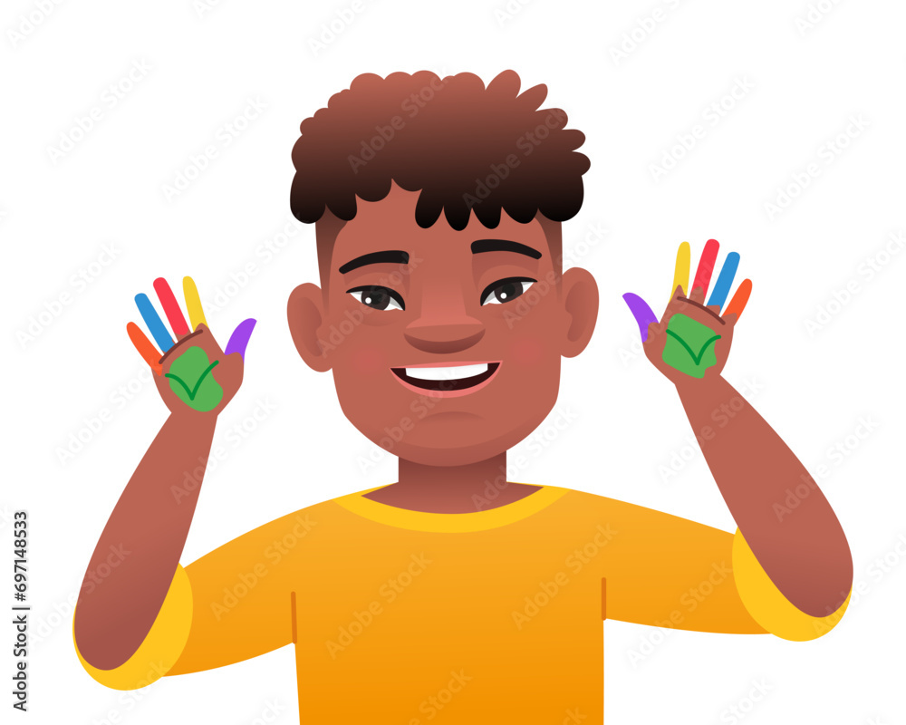 Black African boy with the genetic disease Down Syndrome got his hands dirty in multicolored paint. Black African boy with the genetic disease Down Syndrome got his hands dirty in multicolored paint.
