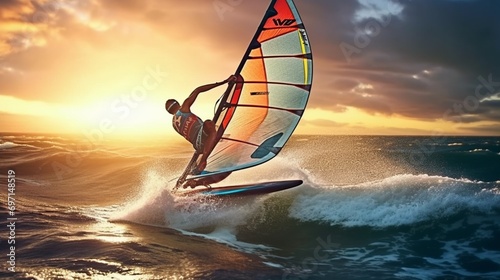 A windsurfer catching air and executing freestyle tricks, sail capturing the wind in dynamic motion