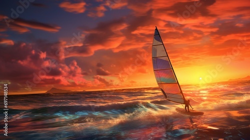 A windsurfer catching air and riding the waves with skill, sail billowing against a vibrant sunset
