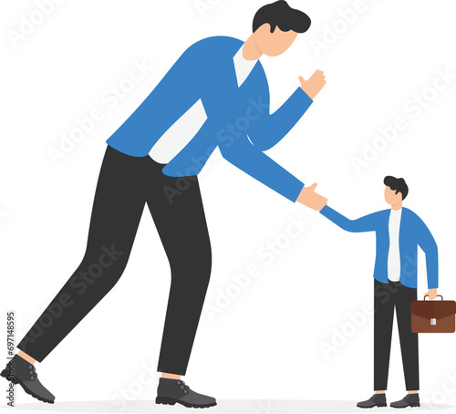 Big business bending down to shake hand with small business. Concept business vector illustration.

