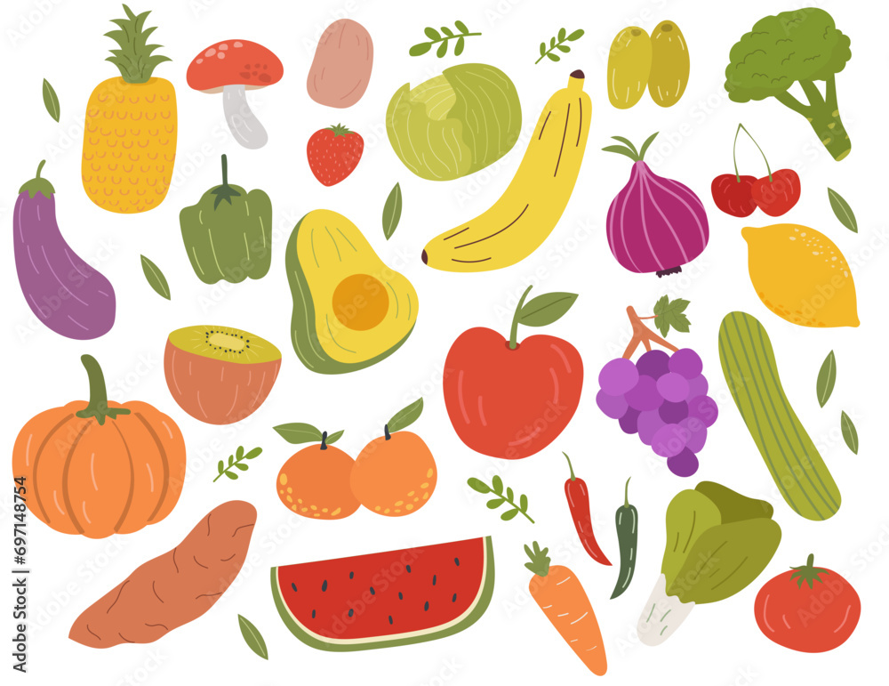 collection of fruits and vegetables hand drawn vector illustration collection of fruits and vegetables hand drawn vector illustration