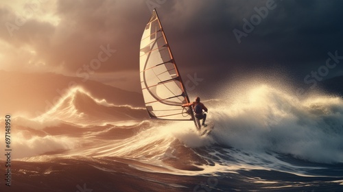 A windsurfer riding the waves with skill and control, sail billowing in the wind photo
