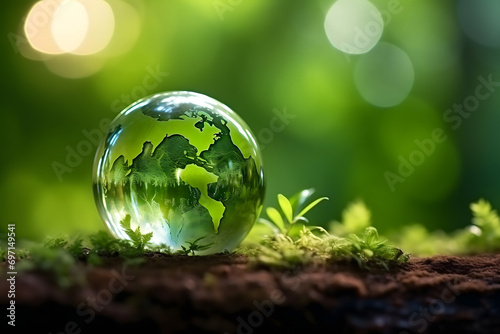 renewable energy light bulb with green energy, Earth Day or environment protection Hands protect forests that grow on the ground and help save the world, solar panels 