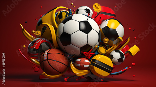 3d logo, with football ball,basketball ball,tennis racket,soccer ball,color Red and black and yellow, Generate AI.