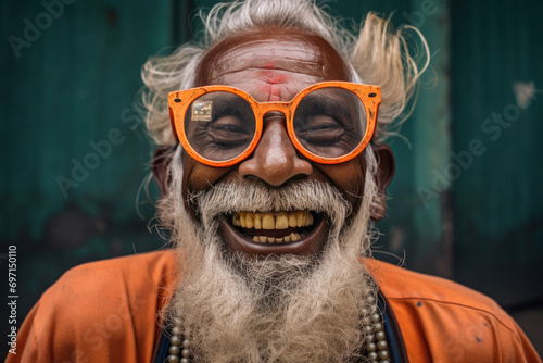 indian Sadhu or Holy Man wearing eyeglasses photo