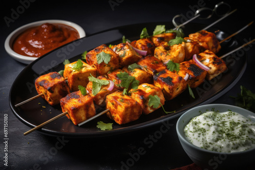 Paneer Tikka at skewers in plate