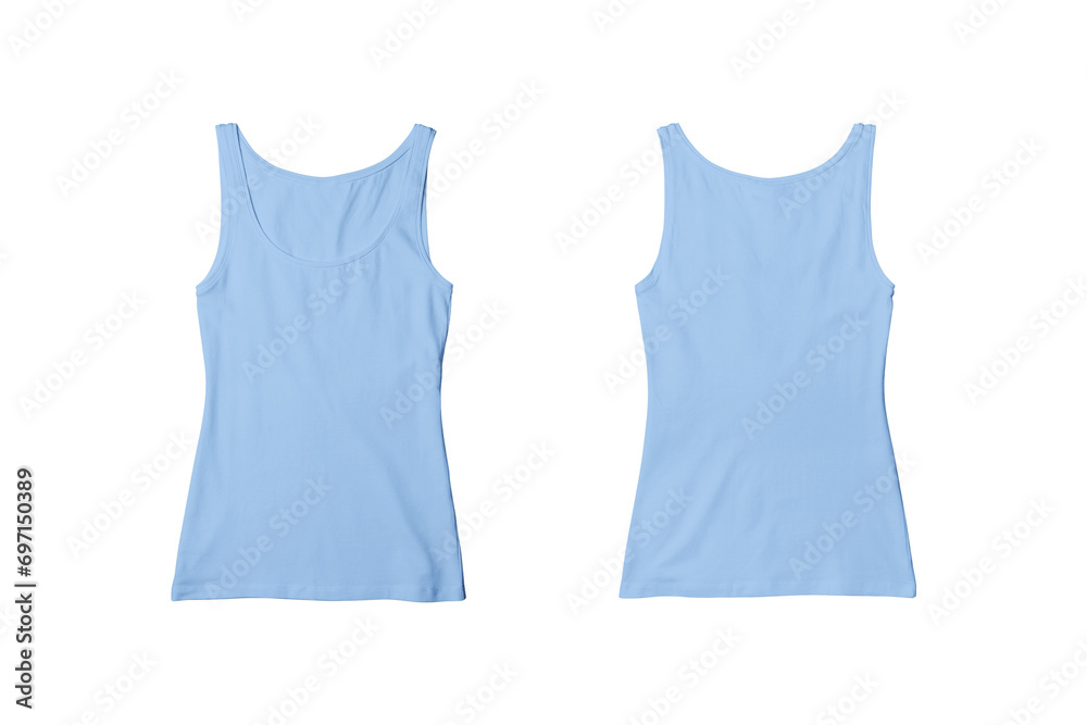 Woman Baby Blue Ribbed Tank Top Shirt Front and Back View for Product