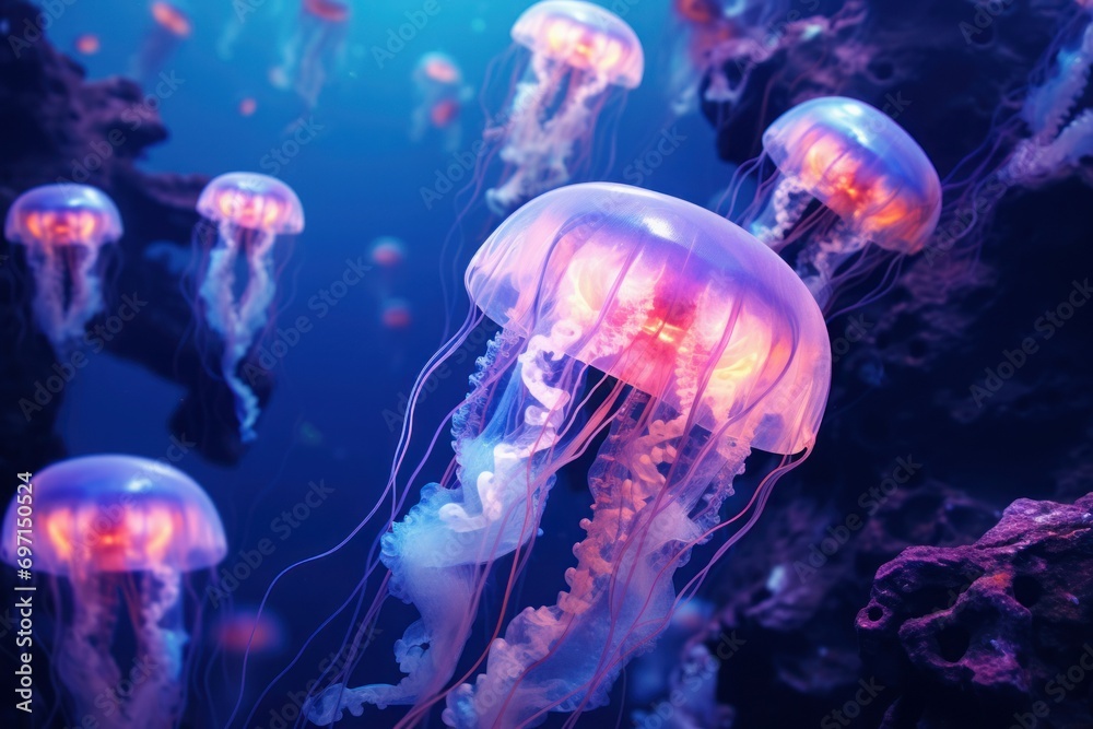 Fototapeta premium Mesmerizing Jellyfish glowing pink underwater color. Flower deep. Generate AI
